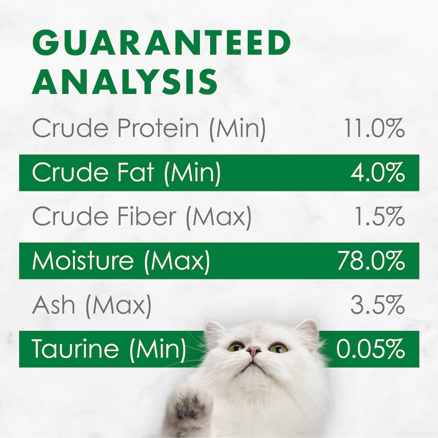 Gourmet wet cat food with tender chicken chunks and smooth pâté, providing balanced nutrition for adult cats.