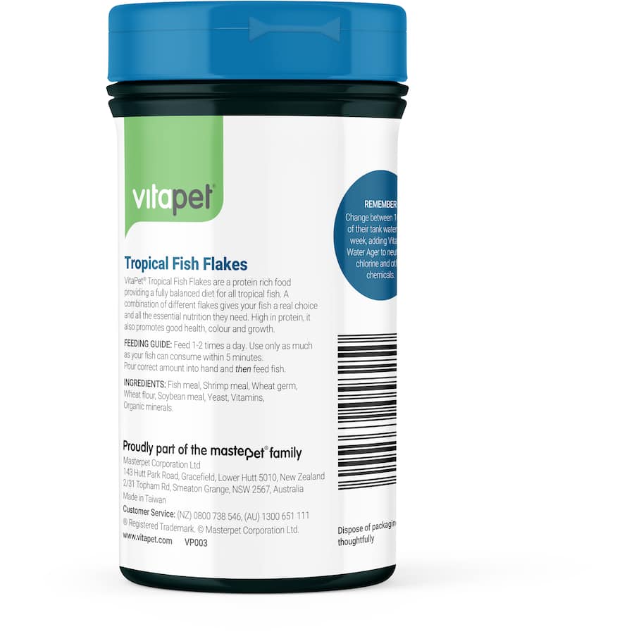 Vibrant tropical fish flakes for optimal health and color, rich in protein and essential nutrients for all tropical fish.