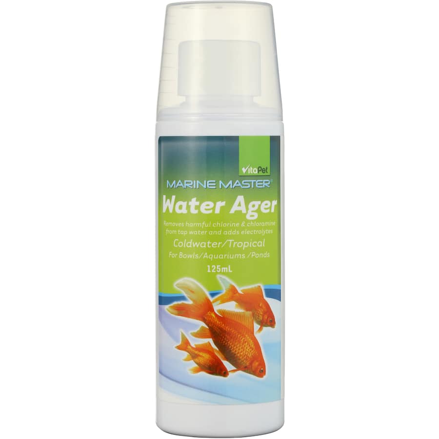 Marine Master Pet Care Water Ager bottle, designed to remove chlorine and chloramine for safe freshwater environments for fish.