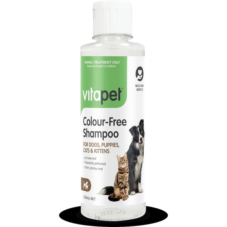 Gentle colour free shampoo for pets, pH balanced for sensitive skin, leaves coats clean, glossy, and delicately perfumed.