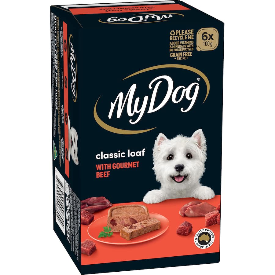 Gourmet dog food with tender beef loaf, grain-free, no preservatives, and packed with essential vitamins for a balanced meal.