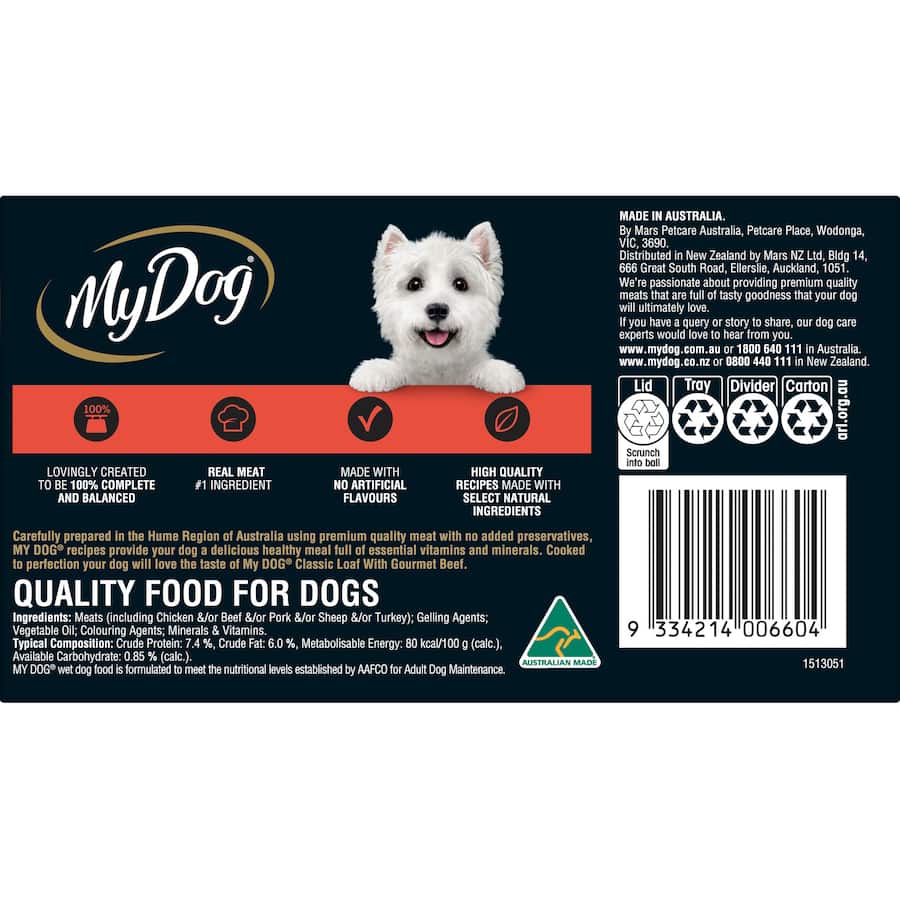 Gourmet beef meaty loaf wet dog food, made with premium Australian meat, grain-free, nutritious, and delicious.