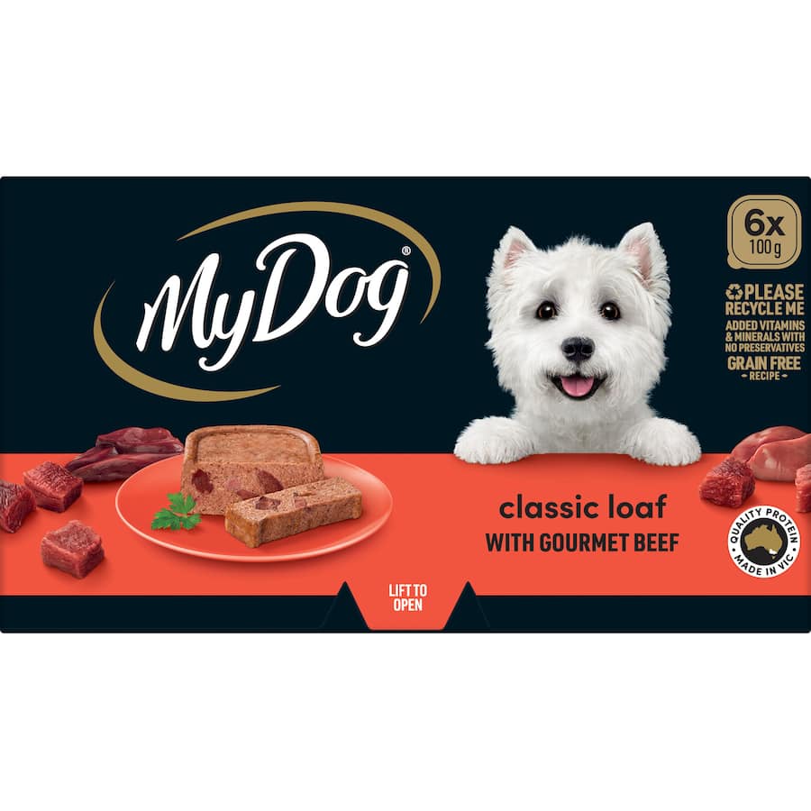 Gourmet beef meaty loaf wet dog food in 100g trays, crafted with premium Australian meat for a nutritious meal.