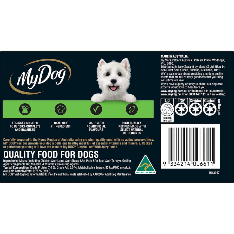 Wet dog food featuring premium Australian lamb in meaty loaf form, grain-free, essential vitamins, no preservatives.