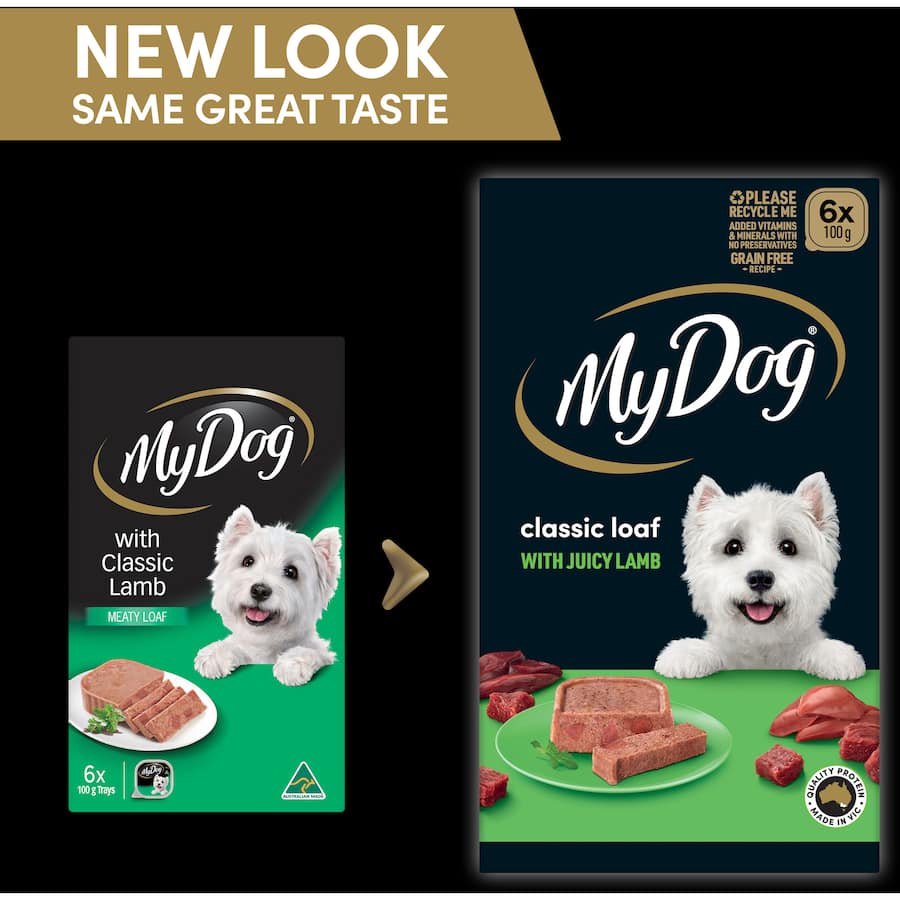Wet dog food featuring tender Australian lamb in a classic meaty loaf, grain-free and packed with essential nutrients.