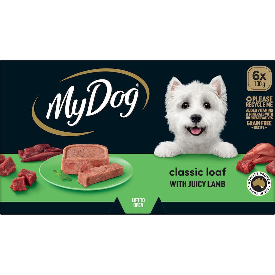 Wet dog food featuring tender Australian lamb in a classic meaty loaf, packaged in 6 x 100g trays for balanced nutrition.