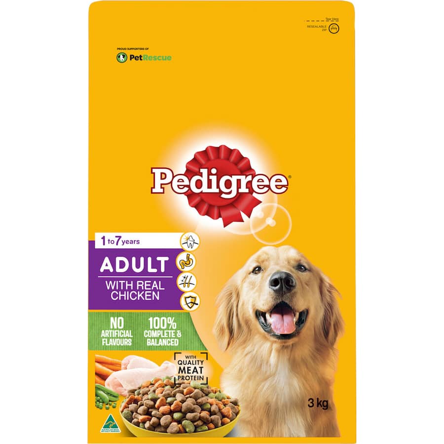 Pedigree Dry Dog Food with Real Chicken in a 3kg bag, providing balanced nutrition for strong bones, digestion, and a healthy coat.