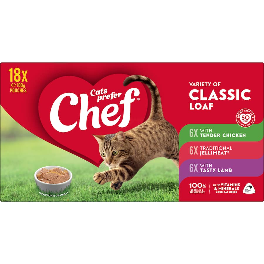 Chef Classic Wet Cat Food Loaf Mixed Selection with three meaty flavors in easy-to-serve pouches for a balanced, nutritious meal.