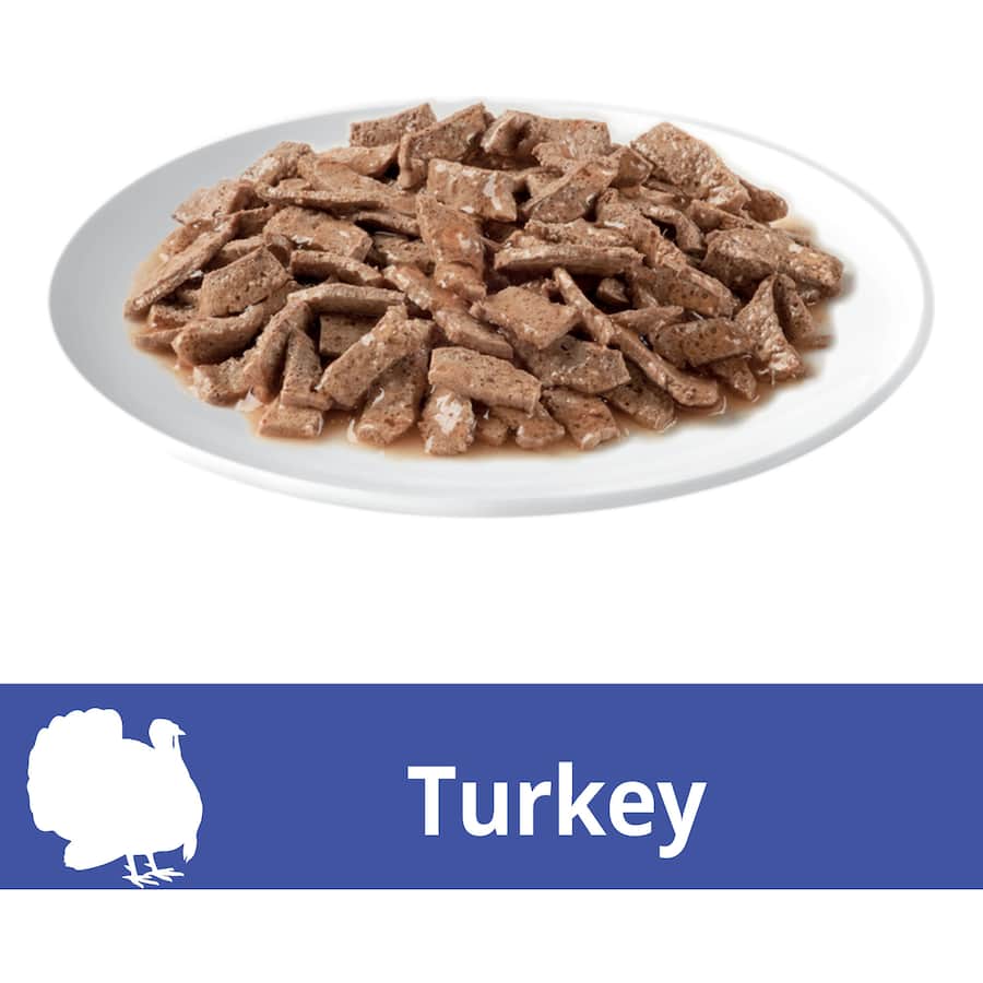 Tender turkey slices in rich gravy, perfect gourmet wet cat food for a balanced diet and feline indulgence.