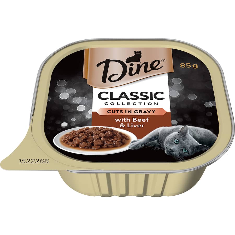 Gourmet wet cat food featuring tender beef and liver in rich gravy, crafted for adult cats' optimal health and indulgent dining.