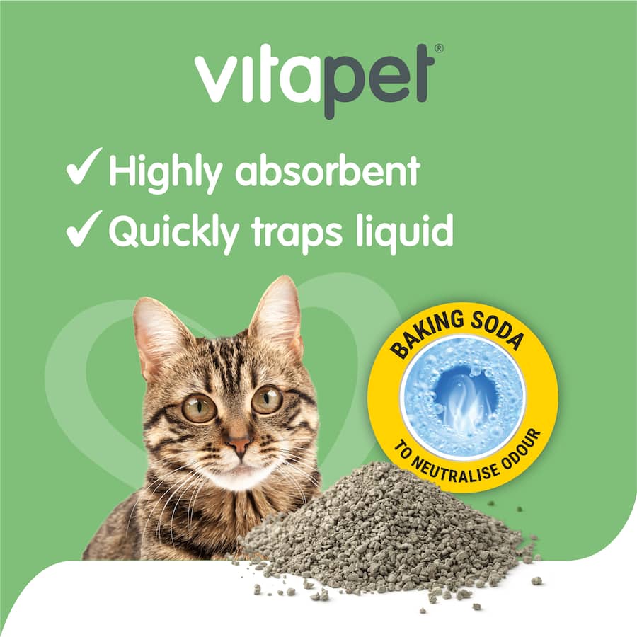 Vitapet Purrfit Lavender Cat Litter features clumping formula, odour control, natural ingredients, and a pleasant lavender scent.