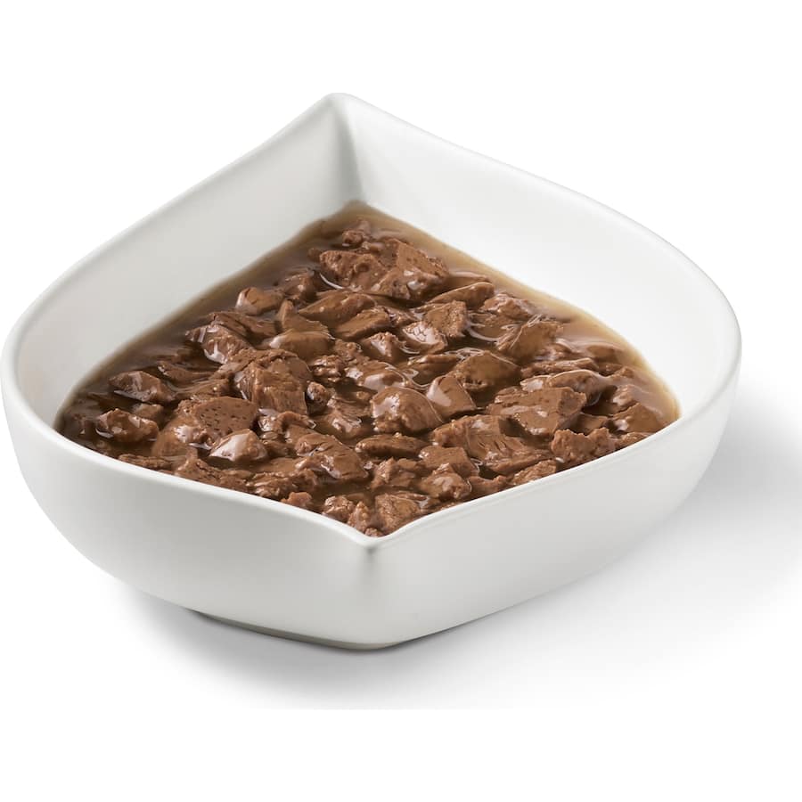 Gourmet wet cat food featuring tender beef in savory gravy, designed to delight and nourish adult cats.