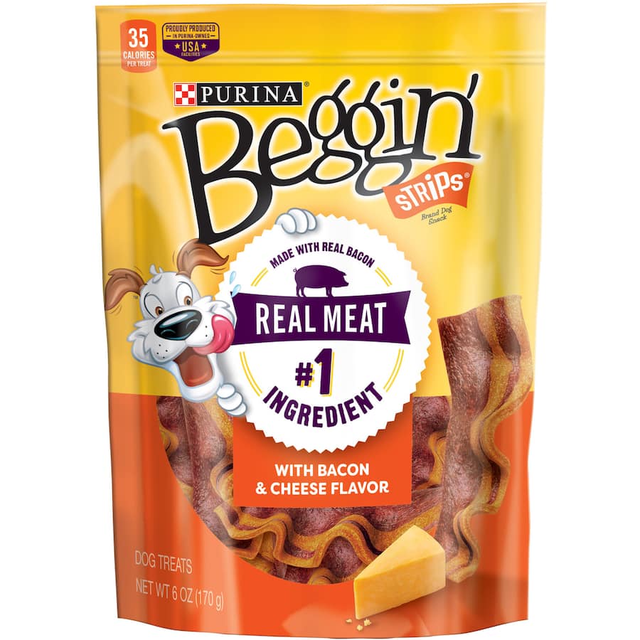 Purina Beggin Strips Dog Treats with bacon and cheese, featuring a chewy texture and real meat as the top ingredient.