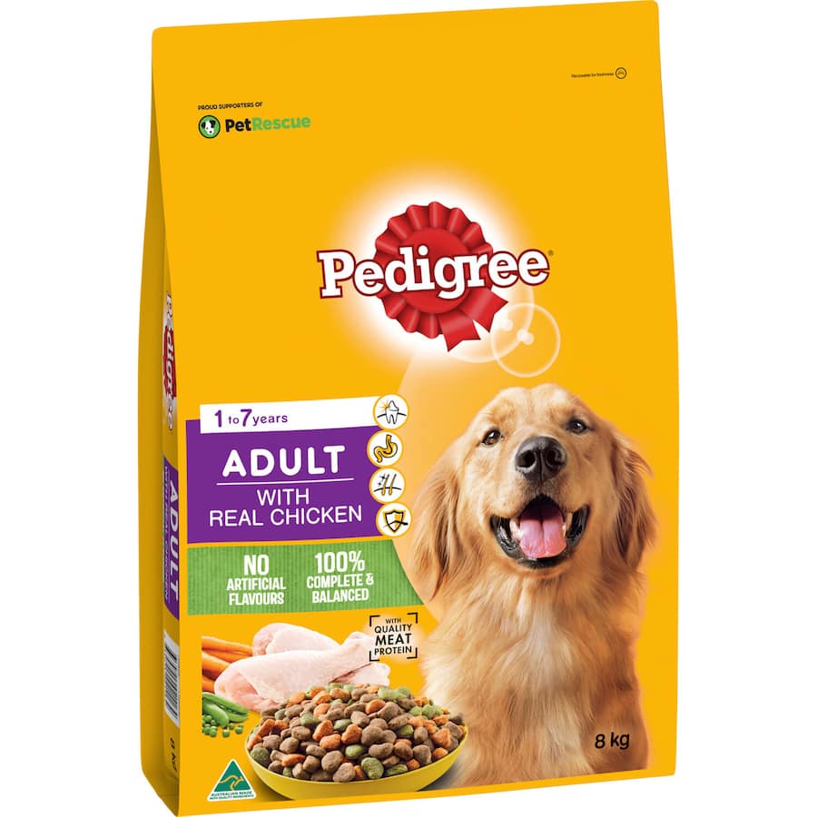 8kg bag of Pedigree Dry Dog Food with Real Chicken, enriched for strong immune support, healthy skin, digestion, and bones.