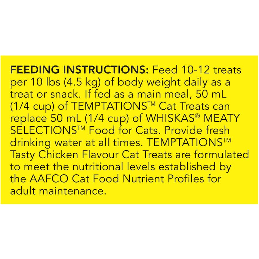 Temptations Mega Cat Treats in Tasty Chicken flavor, featuring crunchy shells and soft centers, 350g resealable pouch.