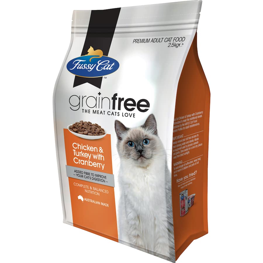 Fussy Cat Grain Free Dry Cat Food with chicken, turkey, and cranberries, rich in protein and free from grains and fillers.