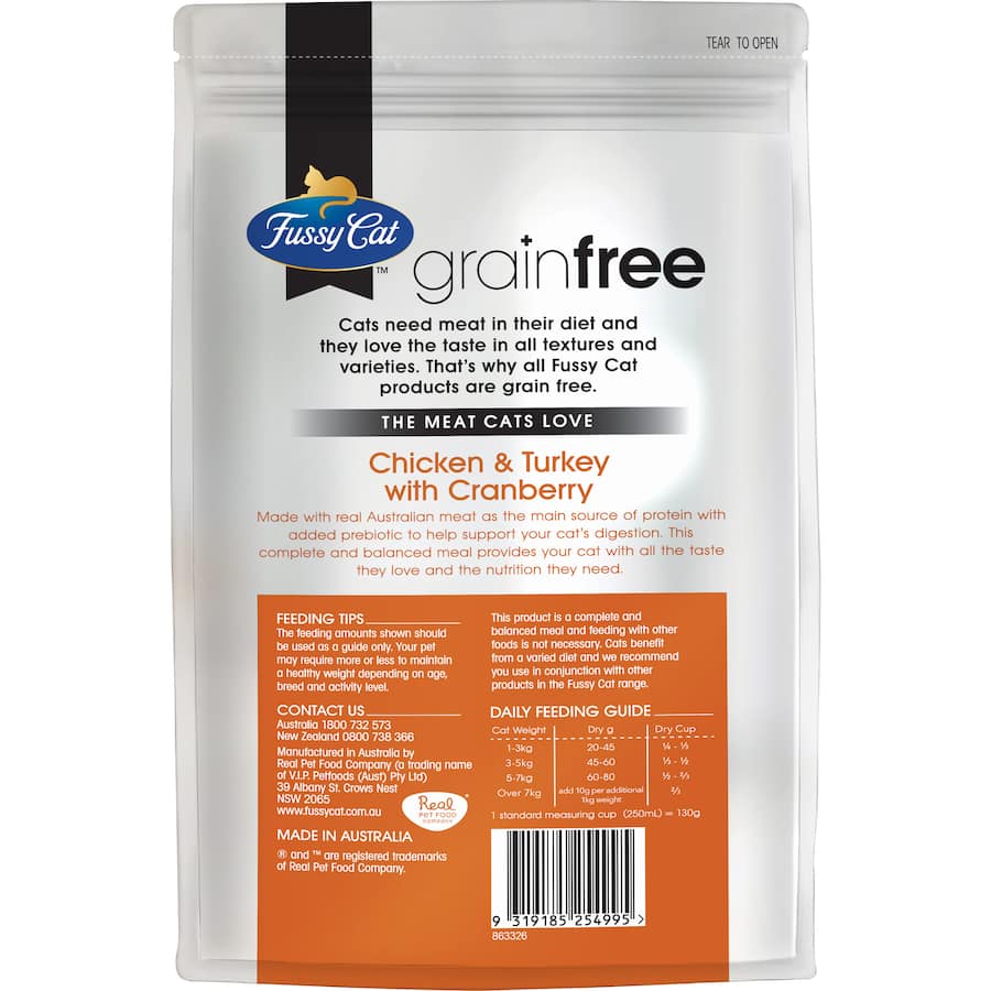 Fussy Cat Grain Free Dry Cat Food features chicken, turkey, and cranberries for a nutritious, meat-rich meal for cats.