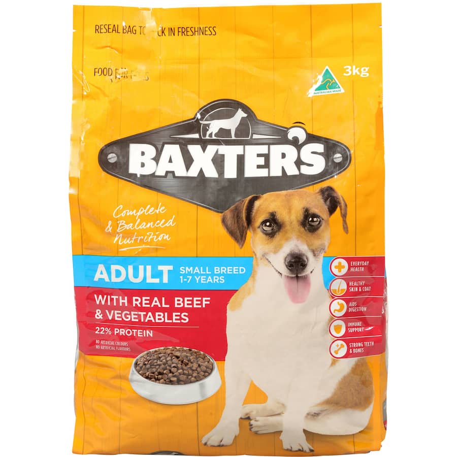 Baxters Dry Dog Food Beef & Vegetable for small breeds, packed with 22% protein, vitamins, and omega fatty acids for health.