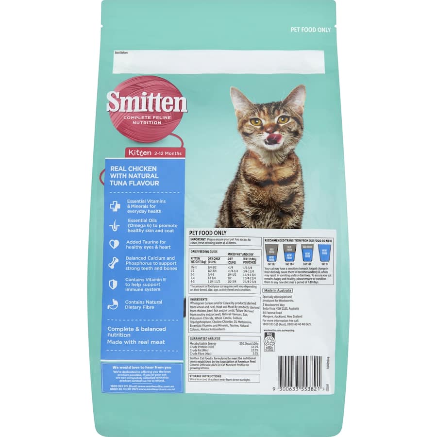 Smitten Kitten Dry Cat Food featuring chicken and tuna, packed with proteins, vitamins, and natural fiber for optimal feline health.