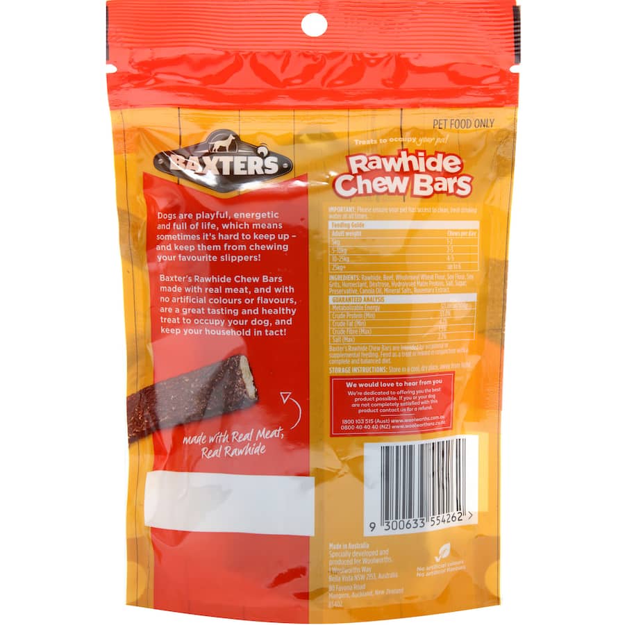 Baxters Beef Rawhide Chew Bars for dogs, made from real beef for a tasty, healthy treat that promotes dental health.