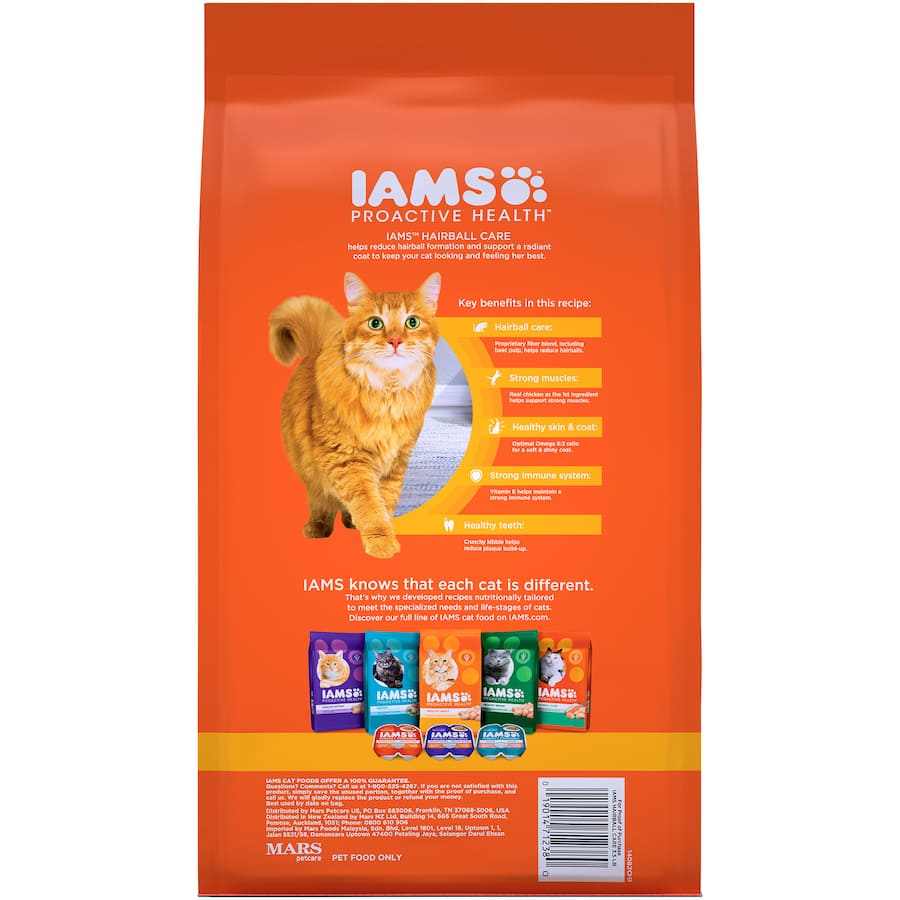 Iams Dry Cat Food with Chicken & Salmon, designed for hairball control and digestive health in indoor and outdoor cats.