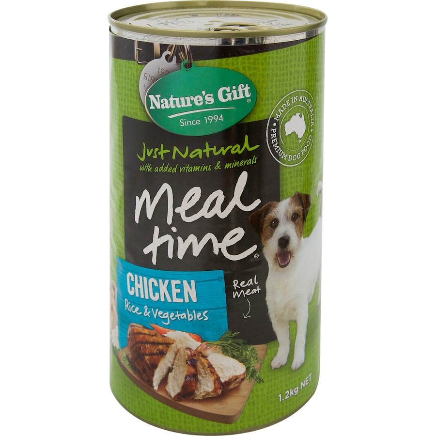 A can of Nature's Gift Wet Dog Food featuring chicken, rice, and vegetables for a nutritious and hearty meal.