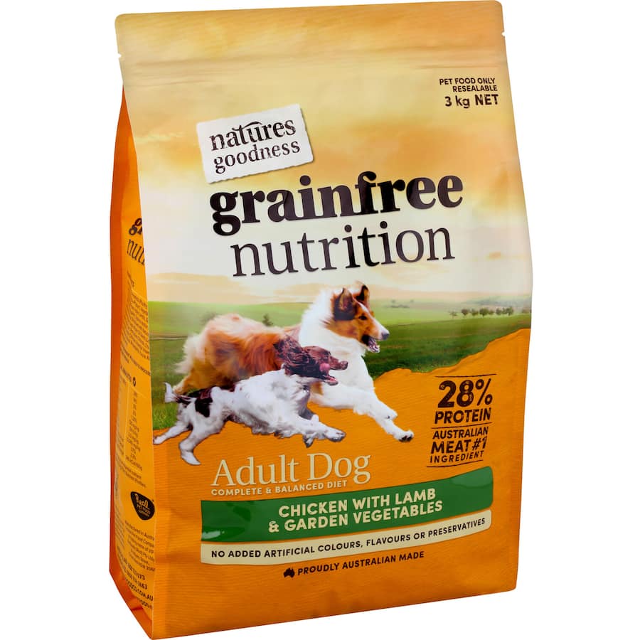 Grain-free dry dog food with chicken and lamb, packed with vitamins, minerals, and fiber for healthy digestion and strong muscles.