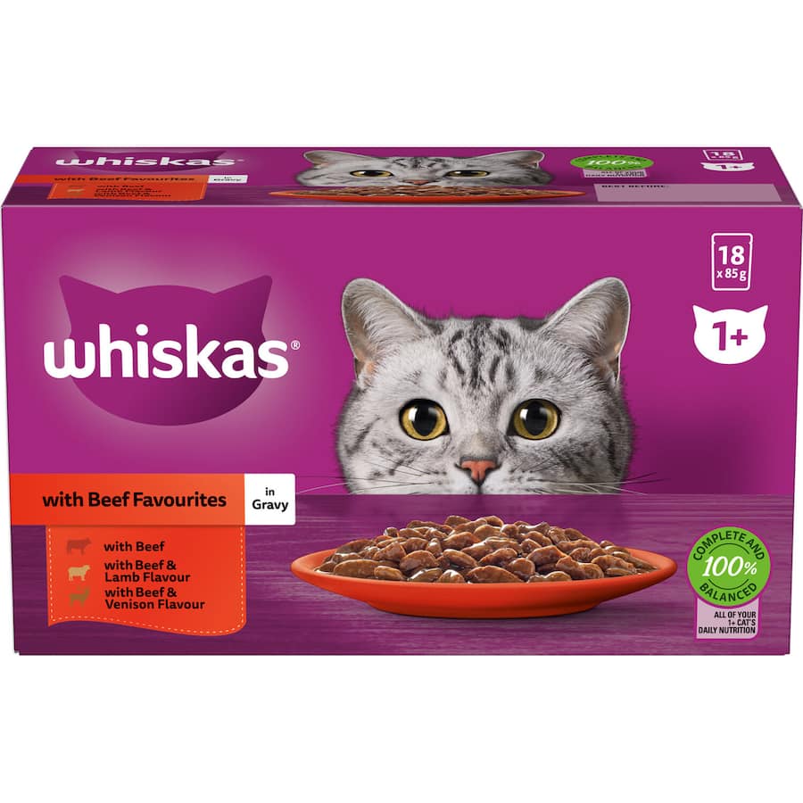 Whiskas Wet Cat Food Beef Favourites In Gravy Pouch 18x85g
