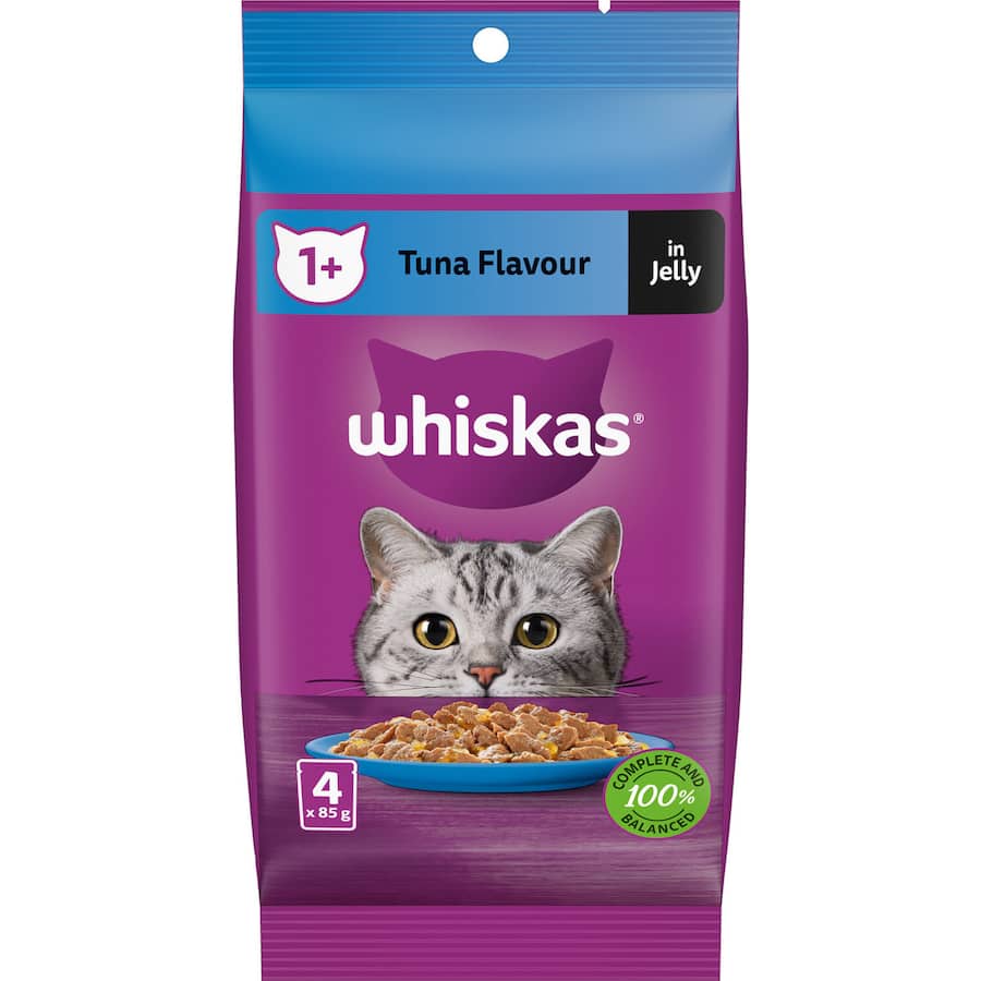 Whiskas Wet Cat Food Tuna Favourites Jelly featuring tender tuna in appetizing jelly for a nutritious and tasty cat meal.