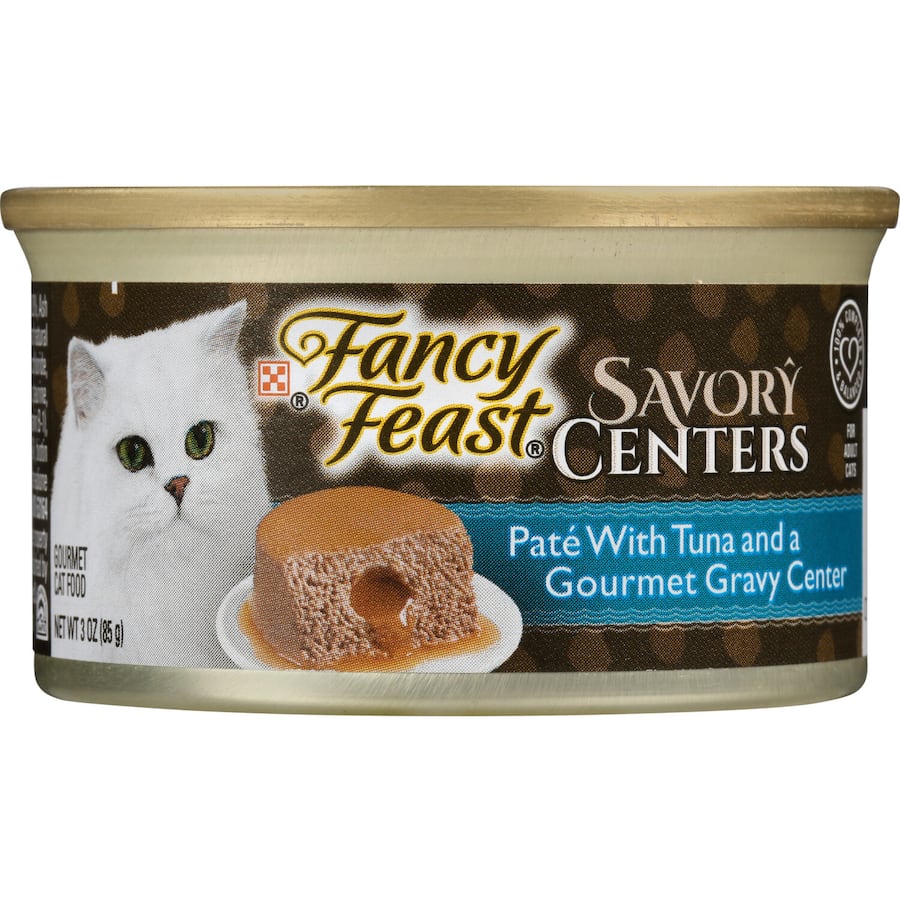 Gourmet tuna pâté wet cat food with a savory gravy center, packed with essential nutrients for your cat's health.