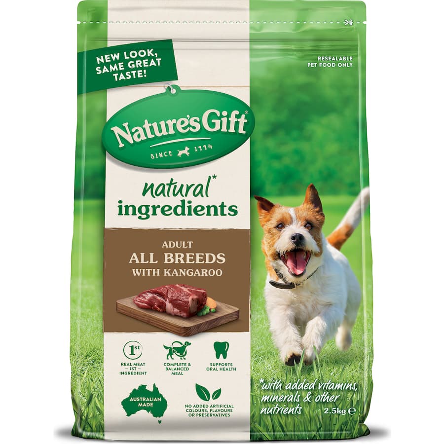 Natures Gift Sustain Dry Dog Food with Kangaroo offers high-protein nutrition, whole grains, and fiber for healthy digestion.
