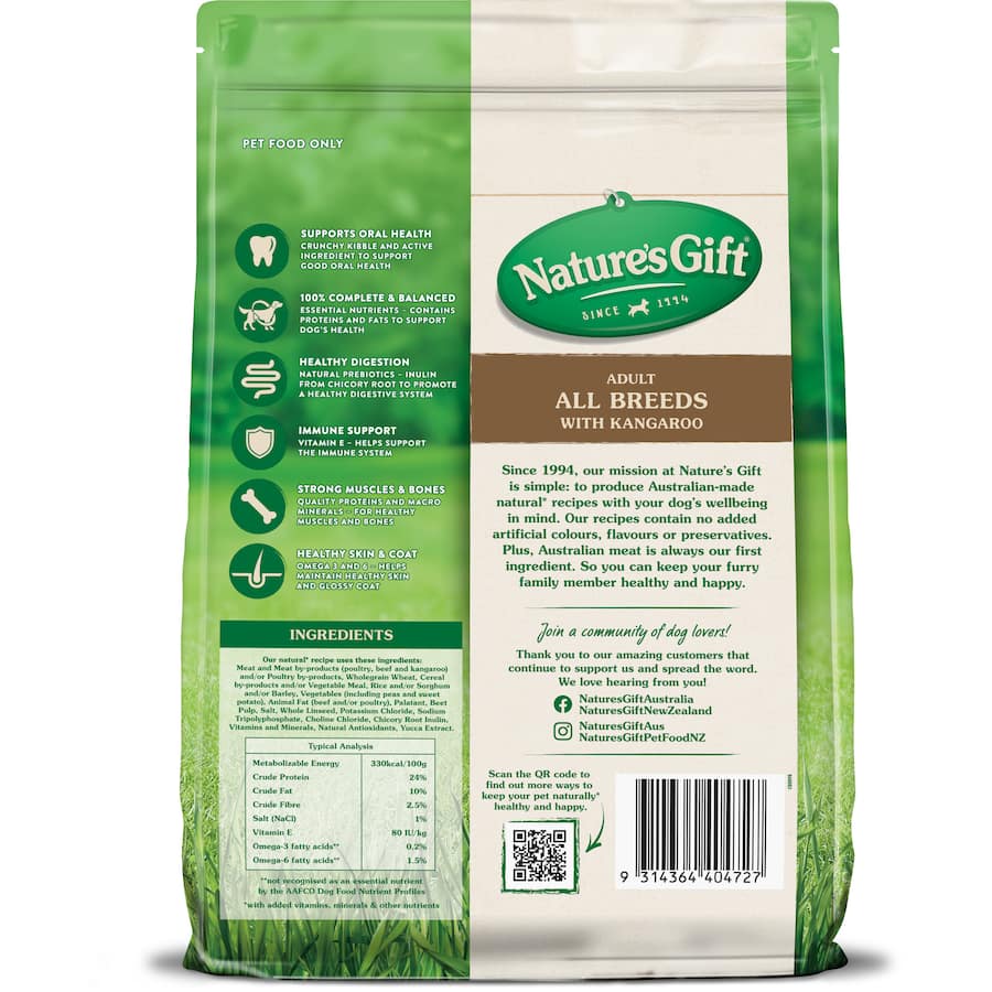 High-quality dry dog food featuring kangaroo as a core protein, promoting muscle health and digestive wellness.