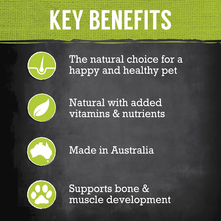 Premium dry dog food featuring kangaroo as the core protein, promoting muscle health and balanced nutrition without additives.