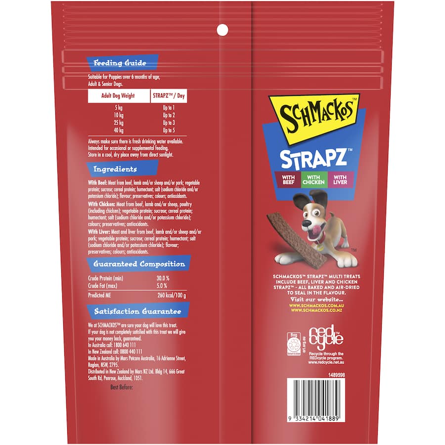Delicious 500g variety pack of Schmackos Dog Treats with beef, liver, and chicken, 95% fat-free and air-dried for flavor.