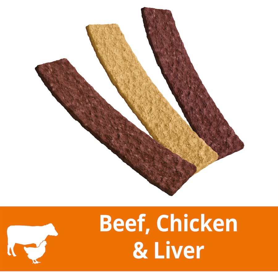 Schmackos Dog Treats Strapz Variety Pack, 500g, featuring beef, liver, and chicken, 95% fat-free, tasty and nutritious.