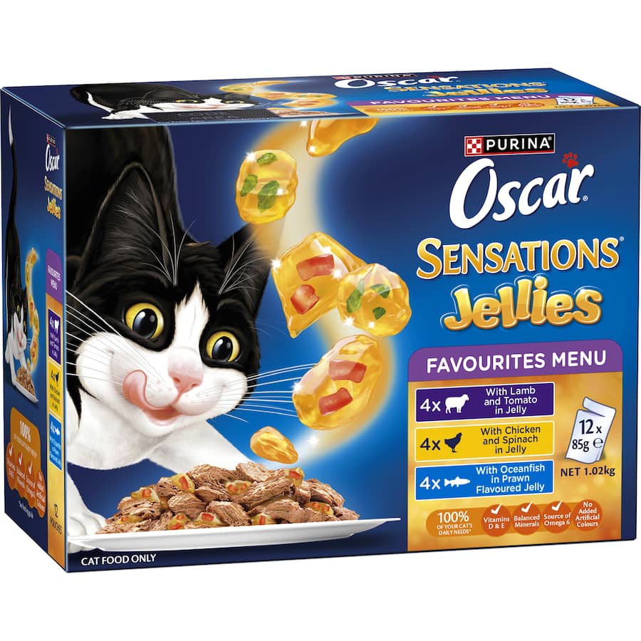 Flavorful wet cat food featuring tender meat in jelly, enriched with vitamins, minerals, and Omega 6 for a healthy meal.