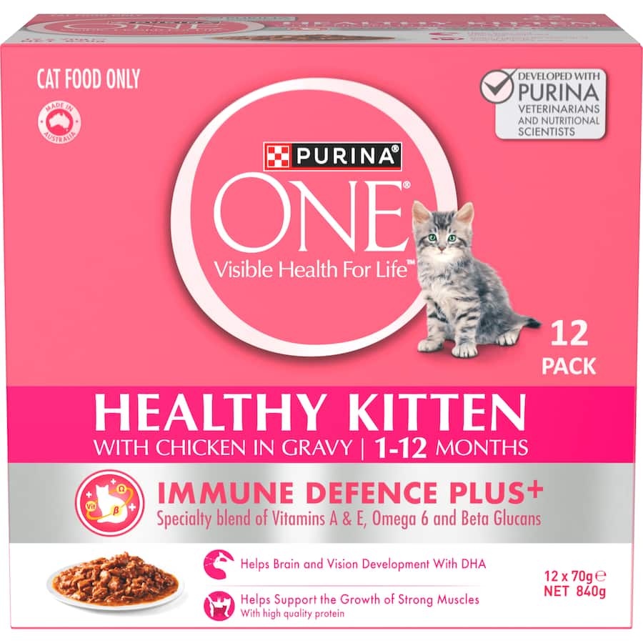 Purina One Healthy Kitten Wet Cat Food Chicken In Gravy Pouches 12x70g