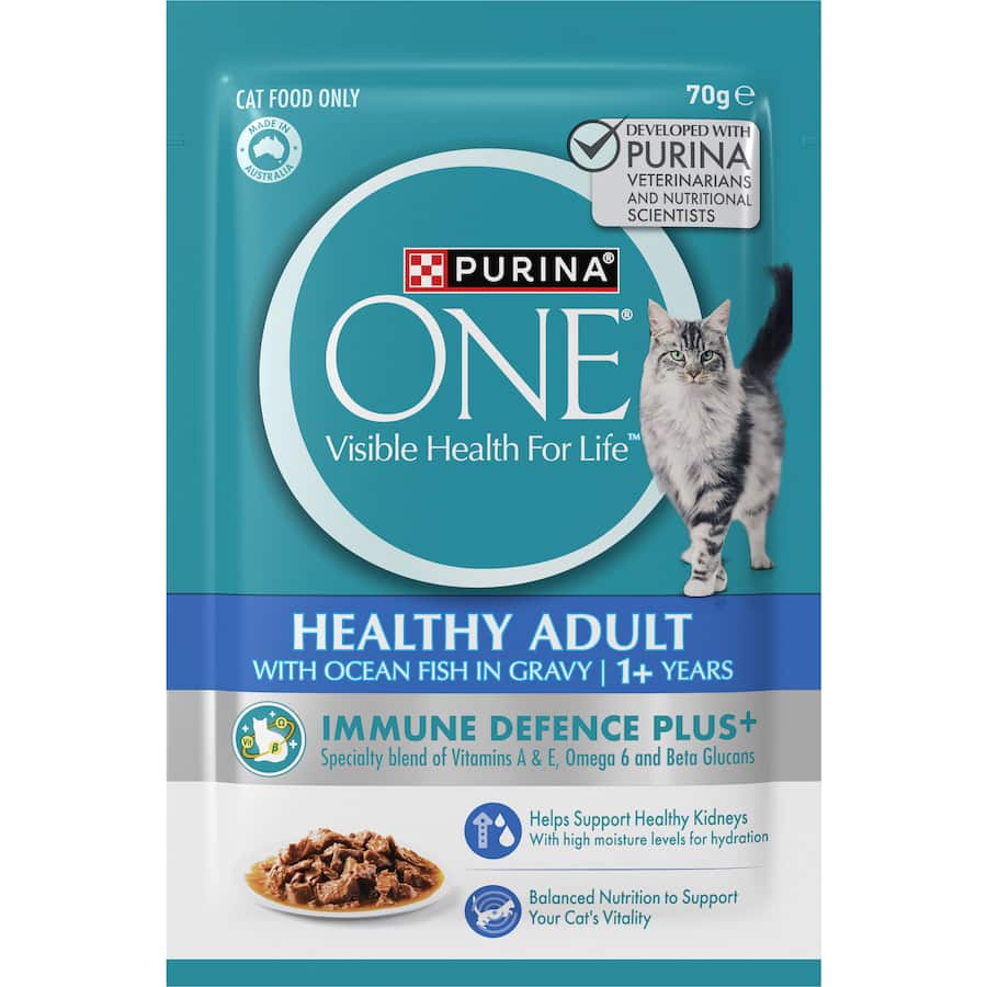 Purina One Wet Cat Food Ocean Fish offers balanced nutrition with real ocean fish and Immune Defence Plus+ for feline health.