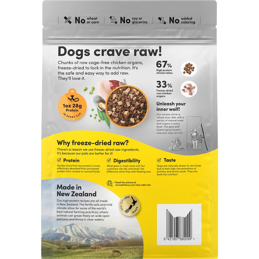 High-protein dry dog food featuring 33% freeze-dried cage-free chicken organs for optimal nutrition and flavor.