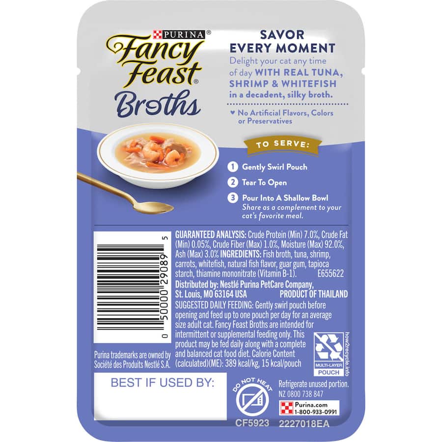 Gourmet cat food with tender tuna, shrimp, and whitefish in a savory silky broth for added hydration and nutrition.