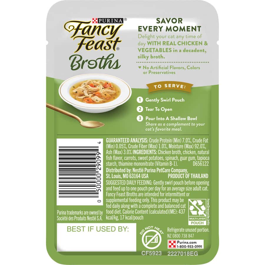 Gourmet wet cat food with tender chicken and veggies in a rich broth, free from artificial ingredients and fillers.