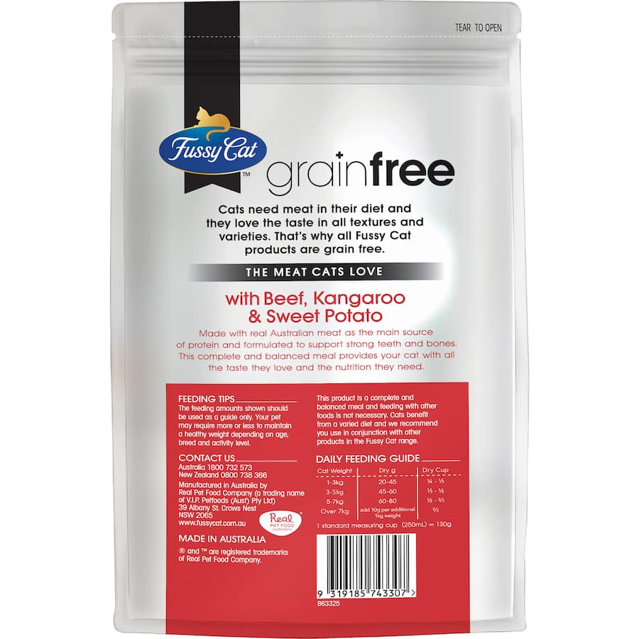 Fussy Cat Grain Free Dry Cat Food featuring kangaroo and sweet potato, rich in protein and ideal for sensitive felines.