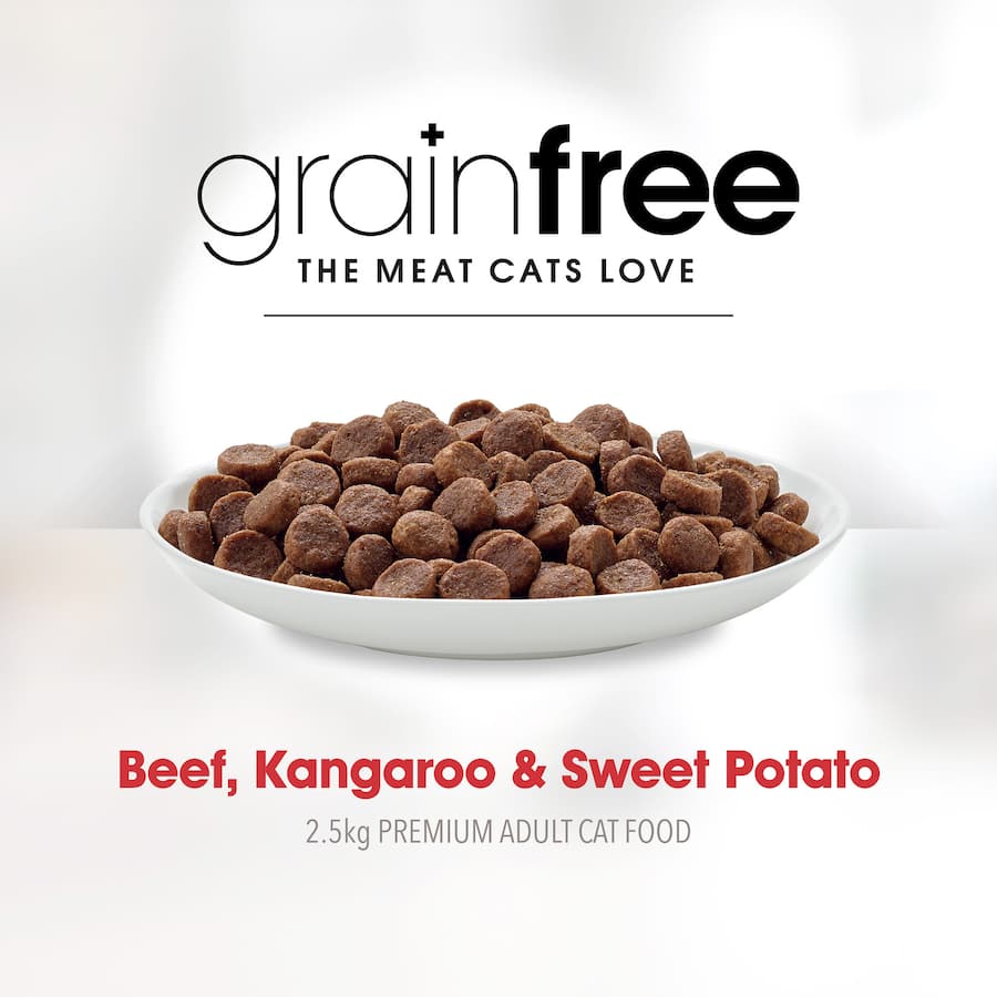 Fussy Cat Grain Free Dry Cat Food with kangaroo and sweet potato for high protein, digestive health, and grain-free nutrition.