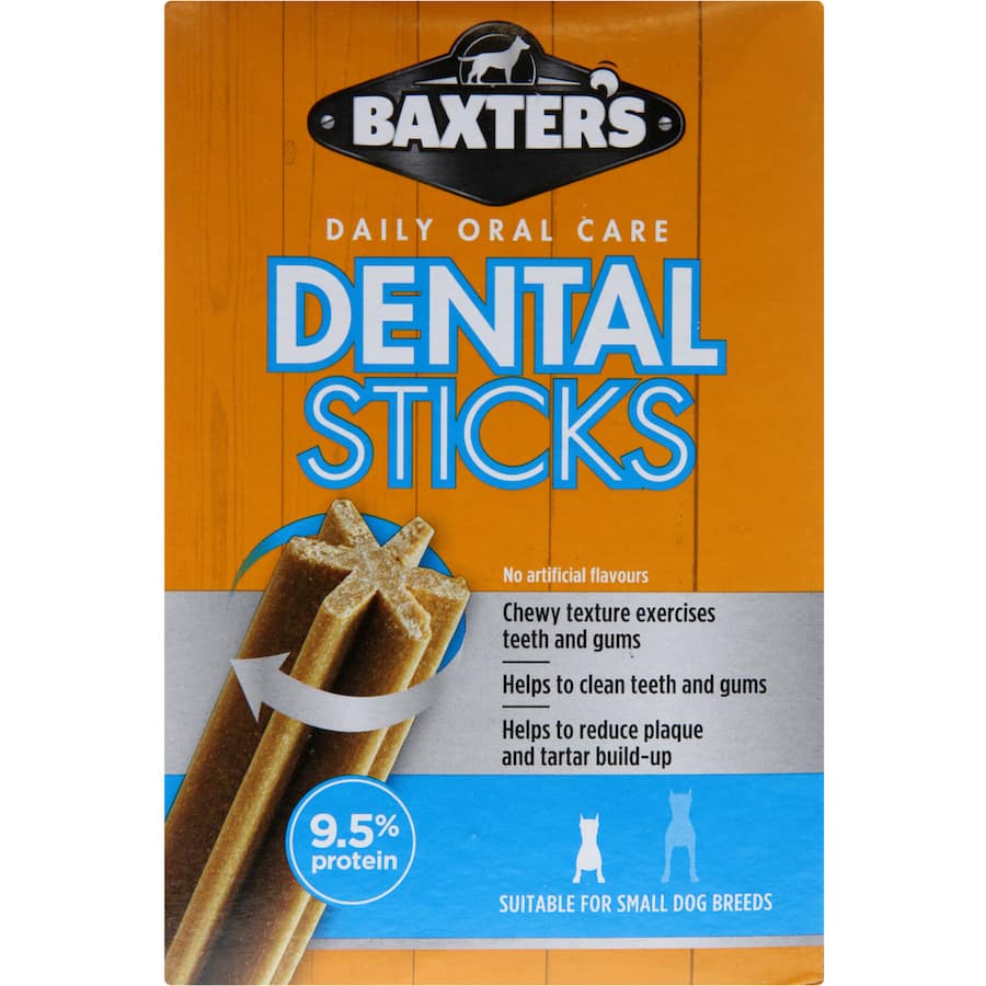 Baxters Small Breed Dog Treats Dental Sticks for effective plaque control and fresh breath in tasty chews for small dogs.