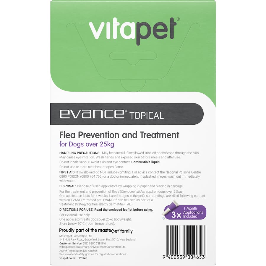 Vitapet Evance Dog Flea Treatment for large dogs over 25kg, with 3 x 4ml applications for effective flea and larvae control.