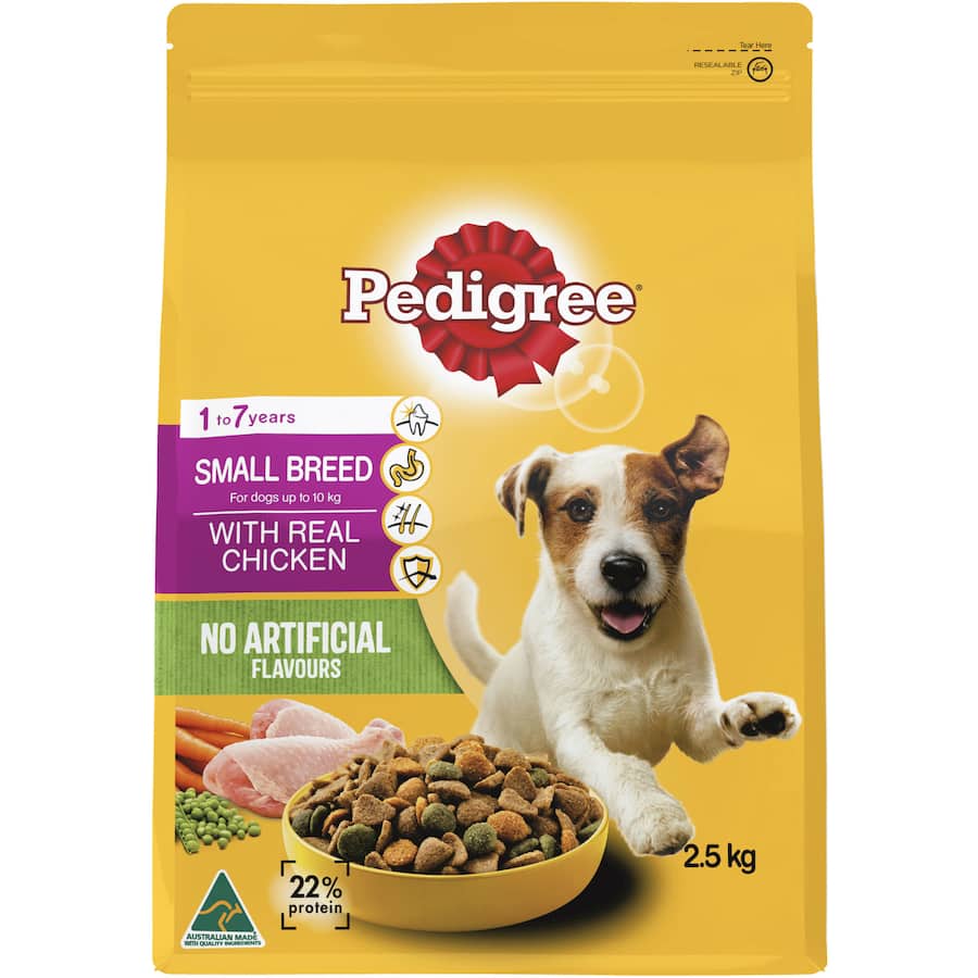 Pedigree Small Breed Dry Dog Food featuring real chicken, promoting strong bones, healthy digestion, and a vibrant coat in a 2.5kg bag.