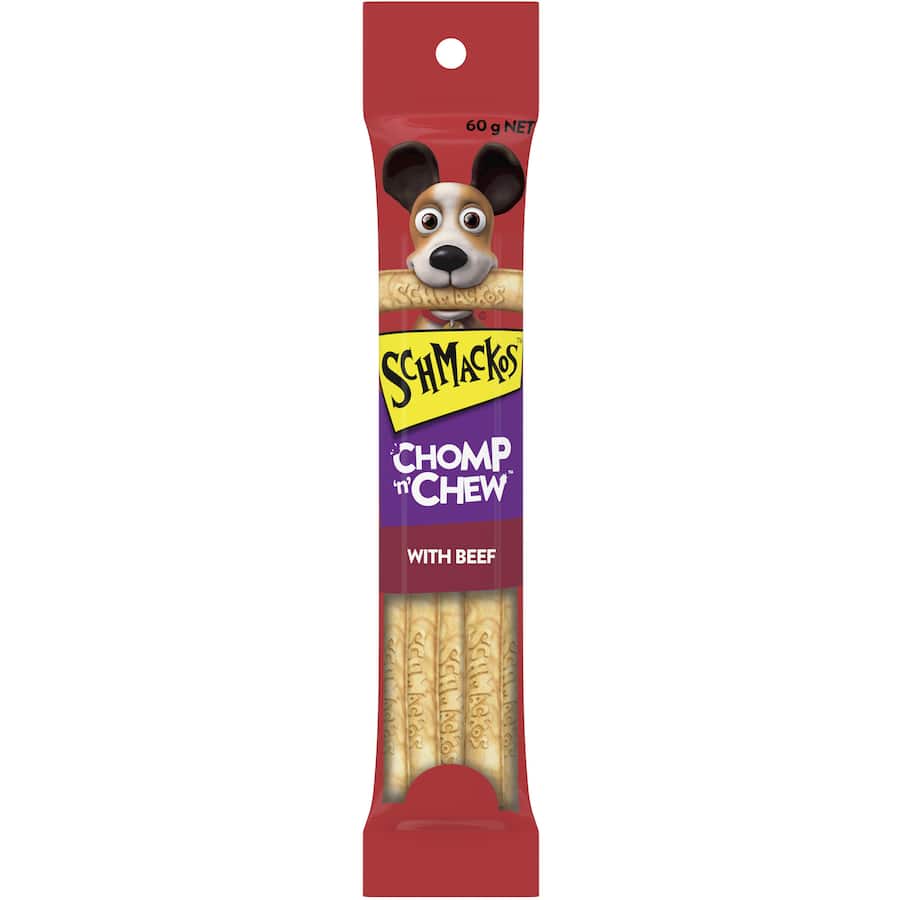 Schmackos Dog Treats Chomp N Chew Beef pack, featuring long-lasting rawhide and a meaty center for healthy chewing.