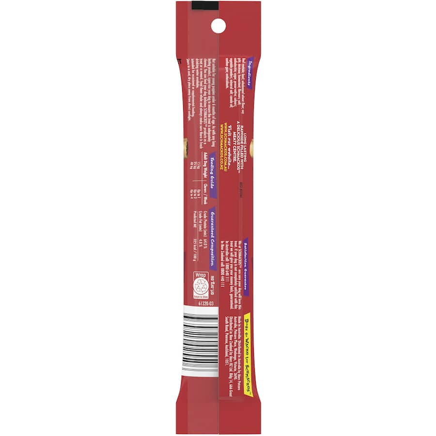 Schmackos Chomp N Chew Beef treats in a 60g pack, featuring long-lasting rawhide with a tasty meaty center for dogs.