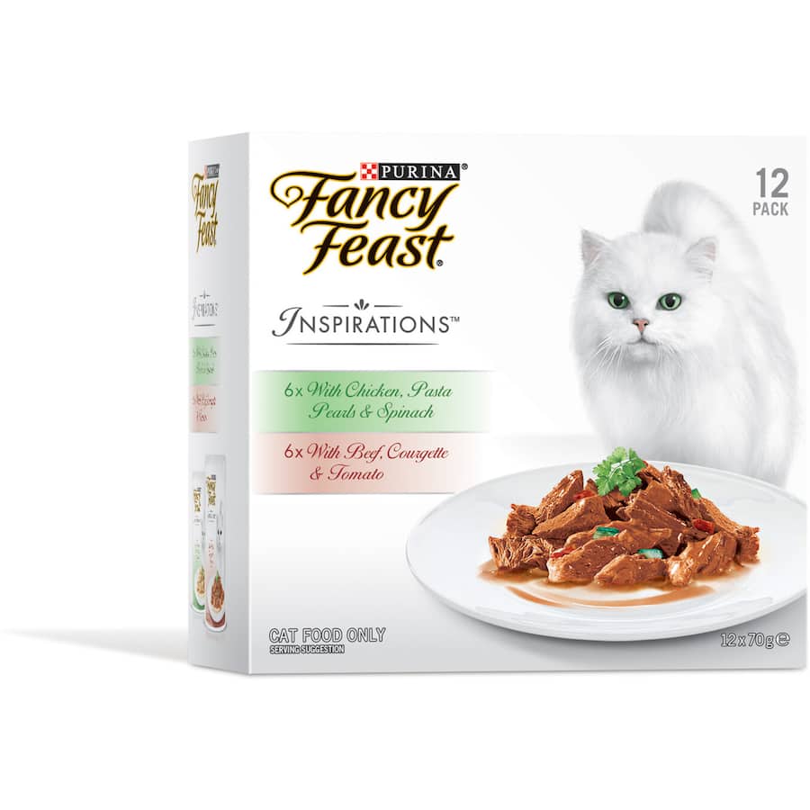 Plate of Fancy Feast Inspirations Wet Cat Food featuring beef with courgette & tomato and chicken with pasta pearls & spinach.