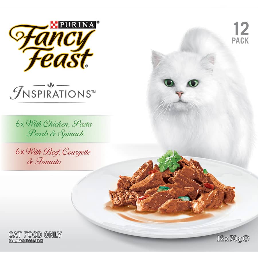 Gourmet Fancy Feast wet cat food featuring beef, chicken, pasta pearls, and spinach for balanced nutrition and delicious taste.